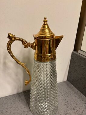 Vintage Pressed Glass Claret Jug Pitcher Decanter Gold tone Handle Lion Detail.